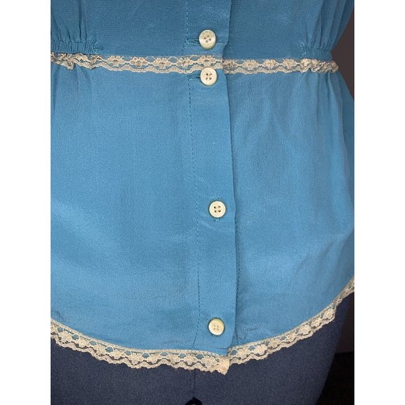 Vintage QS Silk Tank Peacock Blue Gray Lace Trim & Buttons Sleeveless Top Size S - Picture 5 of 12